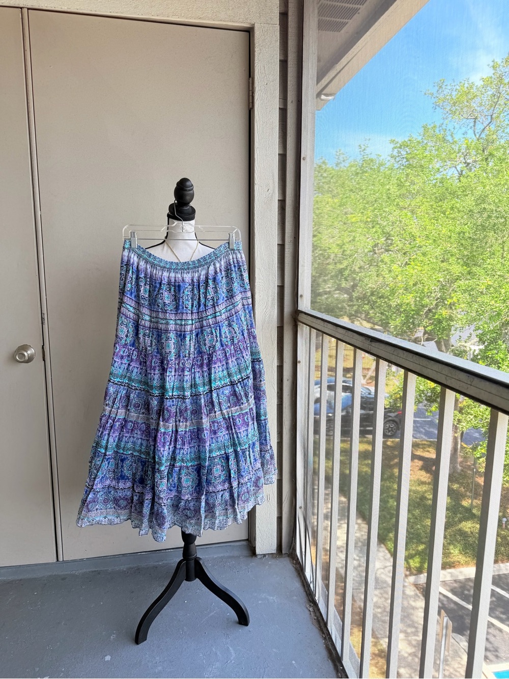 Vintage Dressbarn Blue & Purple Tiered Maxi Skirt Cotton